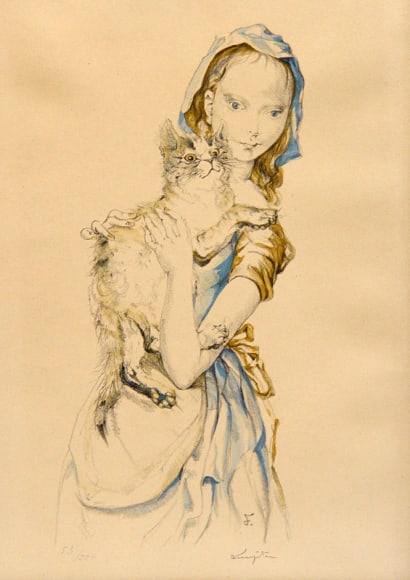 Tsuguharu Foujita, 1886 - 1968, Fillette au chat, Circa 1960, Color Lithograph, H 19.5&rdquo; x W 13.5&rdquo;, Signed Lower Right - &quot;Foujita&quot;
