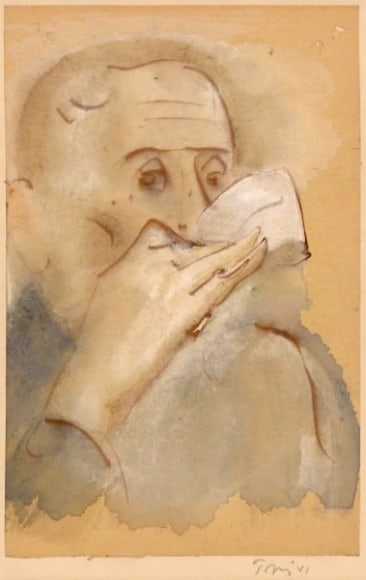 Mark Tobey, 1890 - 1976, Man Drinking, Pike Place Market, Seattle, 1941, Tempera on Paper, H 8.625&quot; x W 5.5&quot;, Signed and Dated Lower Right