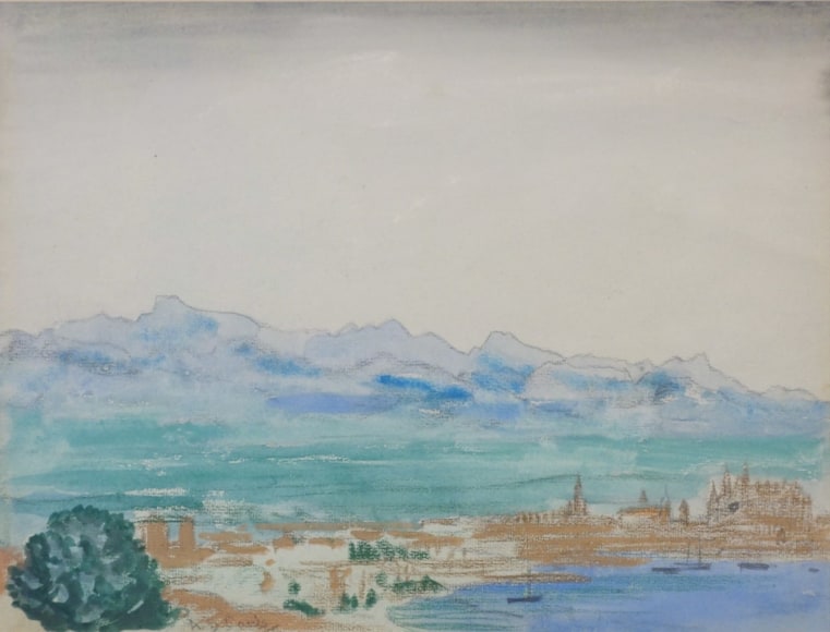 Arthur Bowen Davies, Mediterranean Coastal Town with Mountains, circa 1925, Watercolor on Paper, H 9.25&rdquo; x W 12.25&rdquo;, Signed Lower Left &ndash; &ldquo;AB Davies&rdquo;