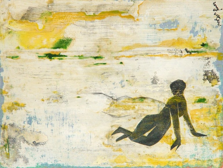 Romare Bearden (1911 - 1988) Lonely Beach circa 1975 Collage on Canvas Mounted to Masonite H 9.25&rdquo; x W 12.25&rdquo; Signed Upper Right - &quot;Romare Bearden&quot;; Titled Verso - &quot;Lonely Beach&quot;