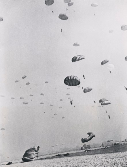 9. Robert Capa (1913-1954), American paratroopers of the 17th Airborne Division, landing near Wesel, Germany&nbsp;(April 9, 1945 Issue, p. 28), 1945