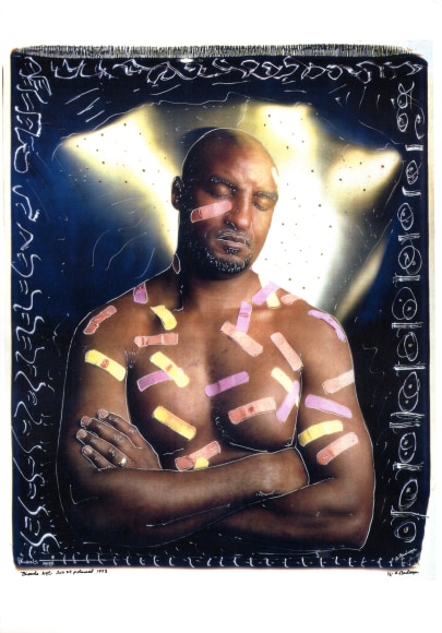 Anthony Barboza, Bloods, NYC 20 x 24 Polaroid, 1993/2017. Manipulated color photograph. Subject stands shirtless with arms crossed and eyes closed; bandages cover his chest and arms.