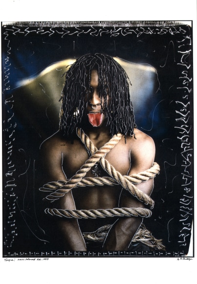 Anthony Barboza, Tongue! 20 x 24 Polaroid, NYC, ​1993/2017. Manipulated color photograph. Subject is shirtless and bound by thick ropes, sticking his tongue out.