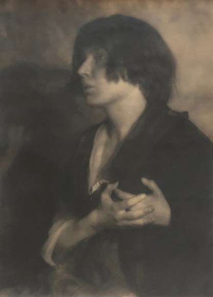 08. Mesdames Morter, Dearheart - Self-Portrait, ​1923. Upper body portrait of a woman clutching her chest with both hands, looking to the left of the frame.