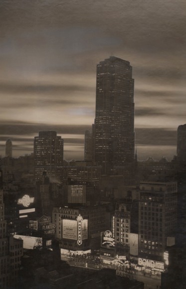 Paul J. Woolf, RCA Building from Times Square Montage, ​c. 1936. Night time cityscape with the lights of Times Square in the foreground and the tallest, central RCA Building in the center midground, an overcast sky behind it.