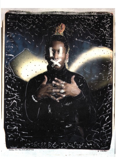 Anthony Barboza, Voodoo Man, NYC 20 x 24 Polaroid, ​1993/2017. Manipulated color photograph. Subject's upper body in center of frame. His fingers are intertwined in front of his chest, Tape covers his eyes and mouth.
