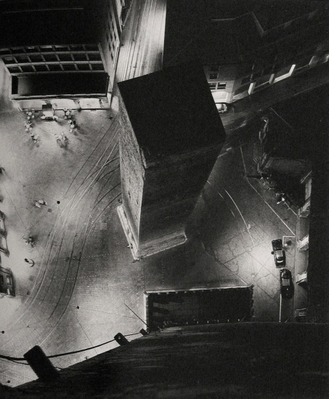 Nino Migliori, Night from Asinelli, 1958. One of the Asinelli towers photographed from above at night.