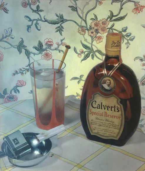 Harold Haliday Costain, Calvert's Whiskey, c. 1937. Still life with Calvert's Special Reserve whiskey bottle, a glass with liquid and ice, and two cigarettes and a matchbook in a silver dish.