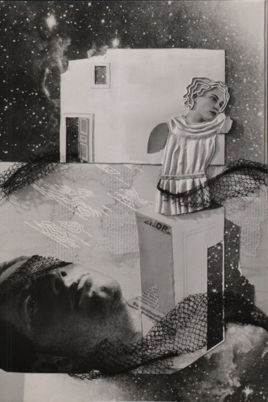 Herbert Matter, La p&ecirc;che miraculeuse, ​c. 1930. Abstract photo collage featuring two faces, a cut paper house, netting, and stars.