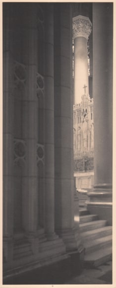 13. Antoinette B. Hervey, In the Cathedral of St. John the Divine, New York, ​c. 1927. Tall &amp; thin view of marble stairs and columns in a church.