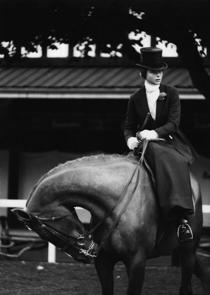 21. Brian Seed, The horsewoman is Miss Althea Urquhart, a competitor in the Dublin Horse Show, c. 1966. A well-dressed woman in a tophat rides sidesaddle on a horse with neck bowed down.