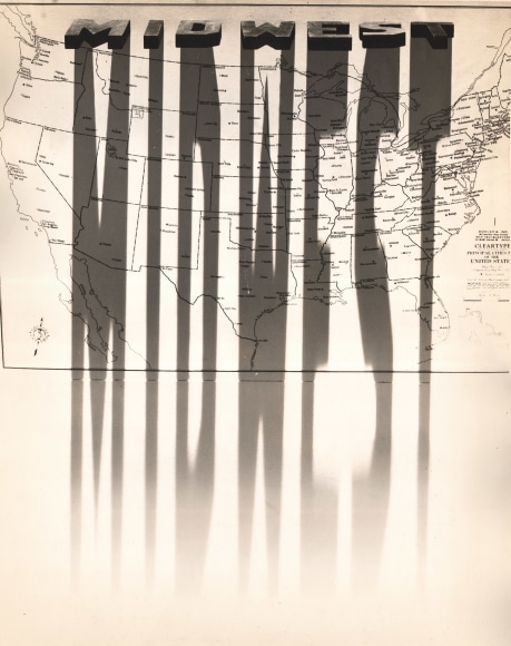 17. Gordon Coster, Untitled, n.d. Long shadows cast the word &quot;Midwest&quot; across a map of the United States.