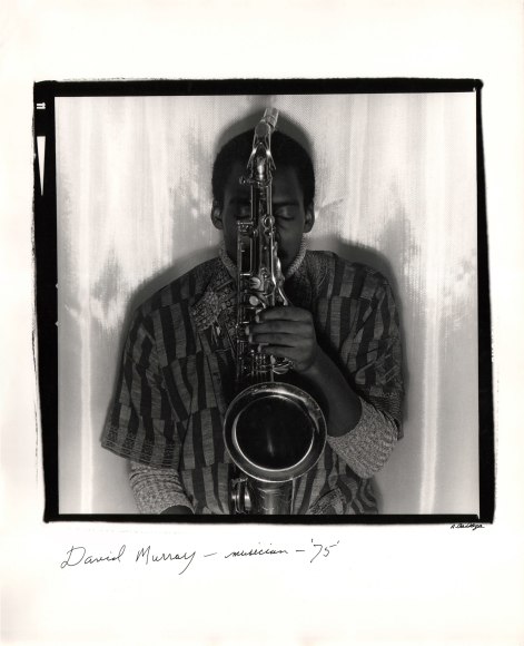 Anthony Barboza, David Murray - Musician, ​1975. Subject's upper body is centered in the square frame, His eyes are closed and he holds a saxophone in front of his face.