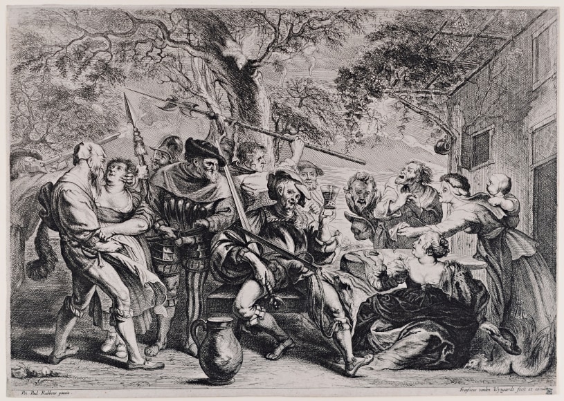 Frans van den Wyngaerde, Soldiers and Peasants Sitting and Fighting Near a Table