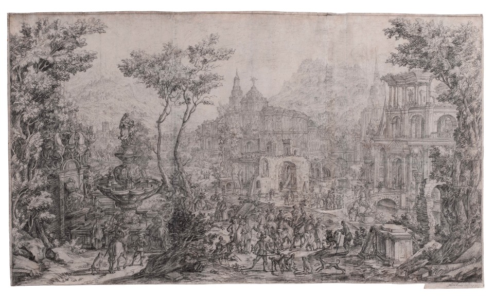 Hendrick Soukens, An Elaborate Landscape Capriccio with Figures by a Fountain, Palatial Buildings Behind