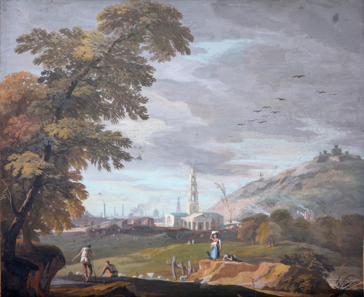 Marco Ricci, Shepherds and their Flock, a Laundress, her Dog, Other Figures in a Hilly Landscape on the Outskirts of a City