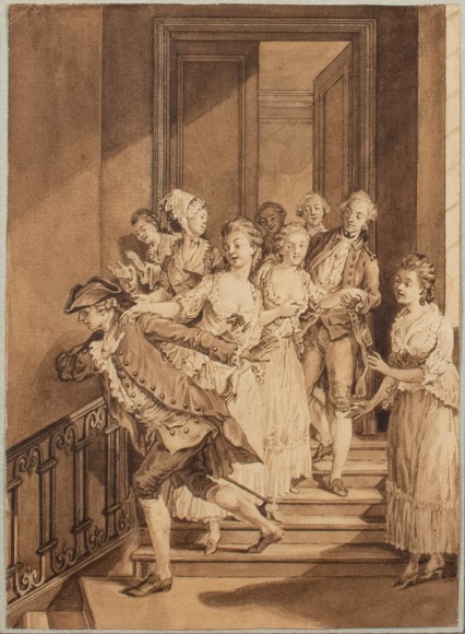 Saint-Preux Leaving the House of Ill Repute, c. 1773,&nbsp;pen and brown ink and wash on paper, 178 x 130 mm.