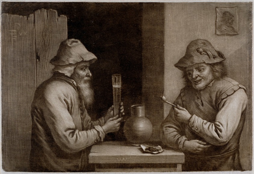 Wallerant Vaillant (1623-1677)  Two Peasants in a Tavern  Mezzotint in yellow-brown ink on laid paper