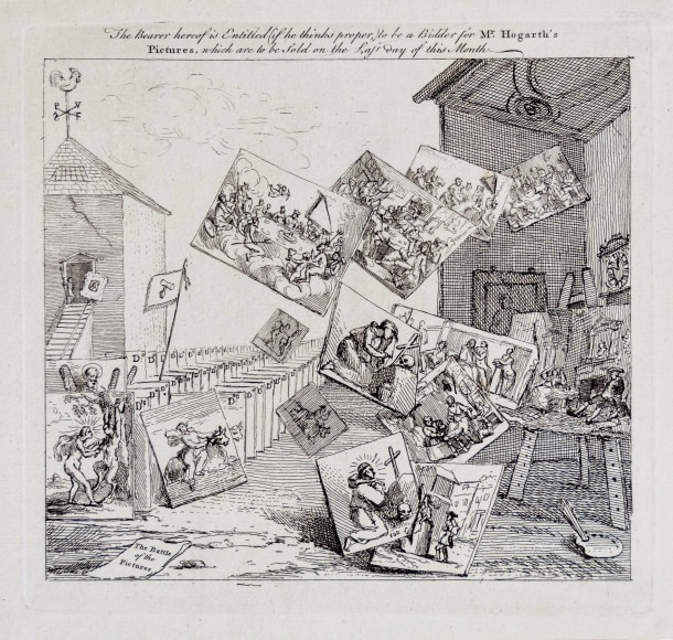 William Hogarth (1697-1764)  The Battle of the Pictures, 1744  Etching on laid paper  20h x 21.30w cm