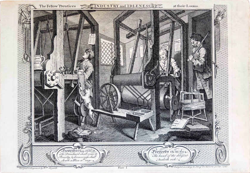 William Hogarth (1697-1764)  Series: Industry and Idleness,  The Fellow &lsquo;Prentices at their Looms,plate 1 from the complete set of twelve etchings with some engraving on laid paper