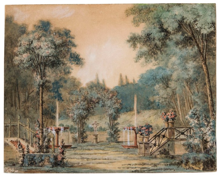 Charles-Dominique-Joseph Eisen, A Garden with Fountains and a Statue of Cupid