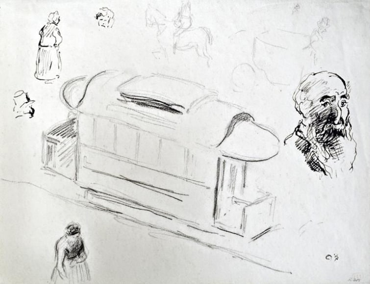 Camille Pissarro, Preparatory drawing for Square in Rouen: Place de la R&eacute;publique and Self Portrait