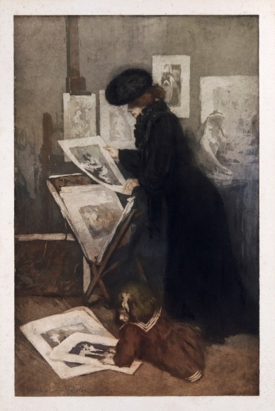 Manuel Robbe (1872-1936)  Mere et l'Enfant dans une Galerie d'Estampes, 1905