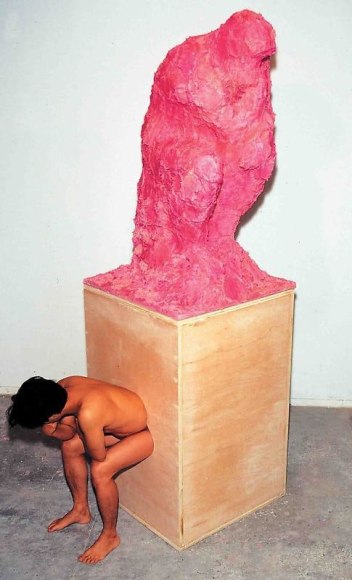Cody Choi. The Thinker, 1996. Toilet paper, pepto-bismol and wood, 282 x 112 x 91 cm. Courtesy of the artist & PKM Gallery.