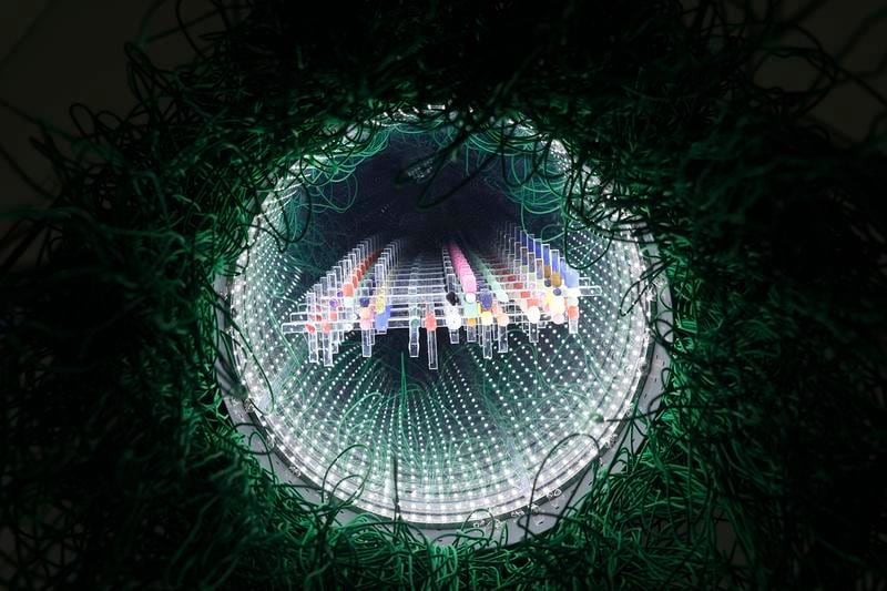 Lee Bul. Untitled (“Infinity” suspended B01-1.1) (detail), 2015. Stainless steel, aluminium, elastic strings, acrylic mirror, two-way acrylic mirror, LED lights, glass mirror, acrylic beads, pearl and steel chain, 244 x 80(diameter) cm. Courtesy of the artist & PKM Gallery.