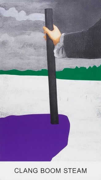 John Baldessari. Double Play: Clang Boom Steam, 2012. Varnished inkjet print on canvas with acrylic and oil paint, 268 x 152.1 cm. Courtesy Marian Goodman Gallery, New York.