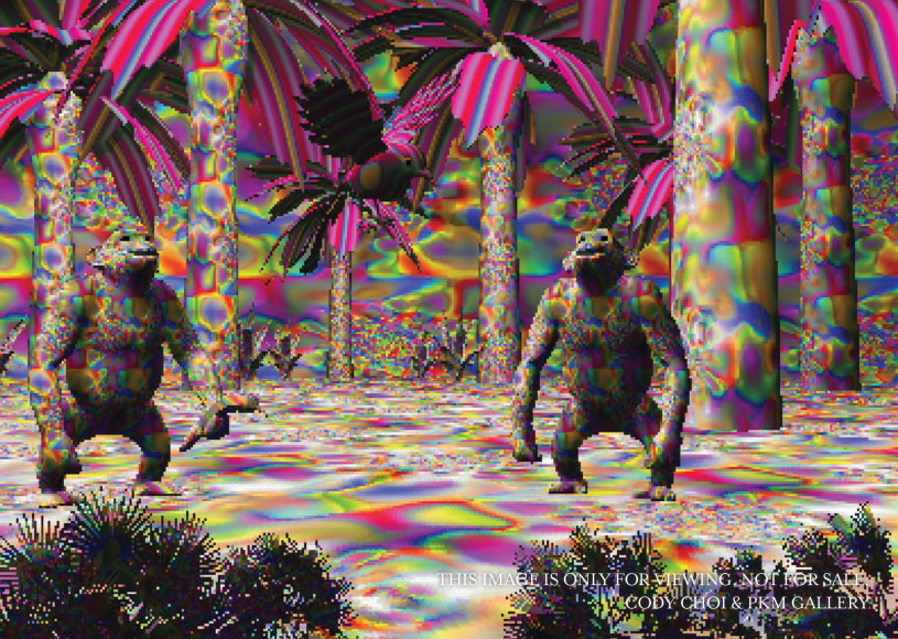 Cody Choi.&nbsp;DATABASE PAINTING SERIES 1 &ndash; STOLEN DATA, ANIMAL TOTEM, APES #00,&nbsp;1999,&nbsp;Original Resolution: 2500 x 1781, Tools Used: Son Joy&rsquo;s 386PC computer image data from kindergarten school education, Magic 3D coloring book, Cheetah, Photoshop.Full Size: 3,785,359.26 bytes. Courtesy of the artist &amp;amp; PKM Gallery.