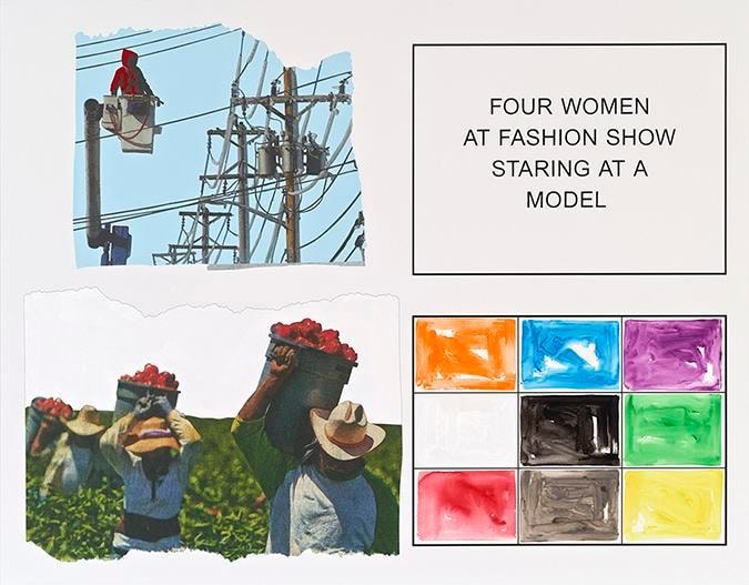 John Baldessari. Storyboard (In 4 Parts): Four Woman At Fashion Show Staring At A Model, 2013. Varnished inkjet print on canvas with acrylic and oil paint, 193 x 246.7 cm. Courtesy Marian Goodman Gallery, New York.