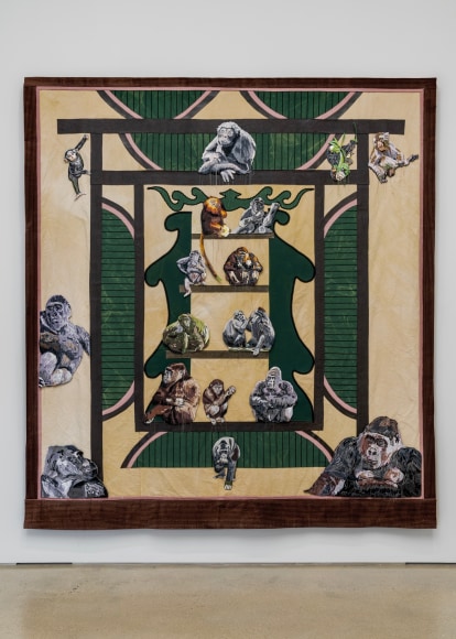 Young In Hong, One Gate between Two Worlds, 2021., Dyed cotton, leather, viscose rayon threads, and rug canvas (on the back), 322 x 297 cm.