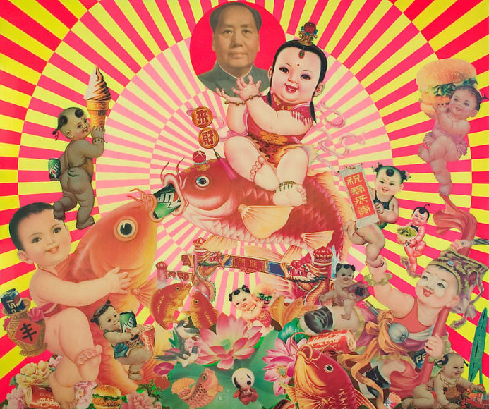 Luo Brothers. Welcome to the World's Famous Brands, 2003. Mixed media on panel, 100 x 120 cm. Courtesy of the artist & PKM Gallery.