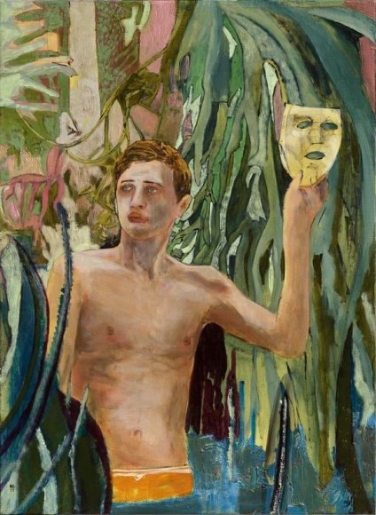 Hernan Bas. two bathers (paper mask), 2017. Acrylic on linen, 76.2 x 55.9 cm. Courtesy of the artist, Lehmann Maupin, New York and Hong Kong and PKM Gallery, Seoul.