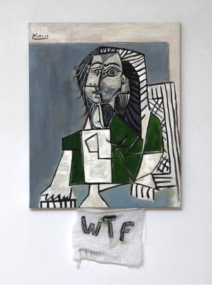 Cody Choi, Episteme Sabotage-WTF, 2014. Oil on canvas, cloth, thread, 47 x 76.2 cm., Courtesy of the artist & PKM Gallery.