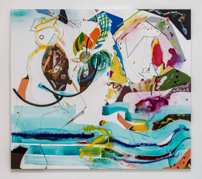 Young Do Jeong, Mr.Snowman doesn't have a ball, 2022-2023. Acrylic, spray paint, color pencil, and graphite on canvas,, 185 x 208 cm. Courtesy of the artist & PKM Gallery.