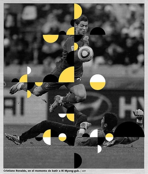 Gabriel Orozco,&nbsp;RONALDO BALLET, 2010. Fine art print, tempera and gold leaf on canvas, 200 x 171 cm., Courtesy of the artist and PKM Gallery.