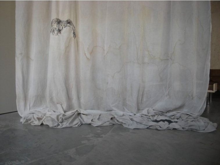 Isa Melsheimer. Vorhang (Eule), 2012. Fabric, thread, pearls, 300 x 300 x 40 cm (approx). Courtesy of the artist and Esther Schipper.