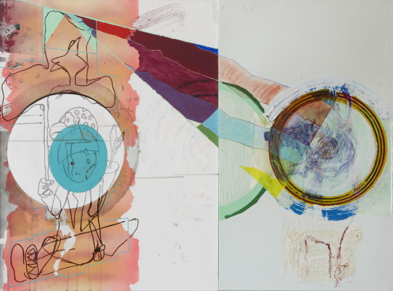 Young Do Jeong. Moving Target, 2010. Oil, enamel, acrylic, ink, spray paint, oil stick, and wood construction on canvas and panel, 102.87 x 137.16 cm. Courtesy of the artist & PKM Gallery.