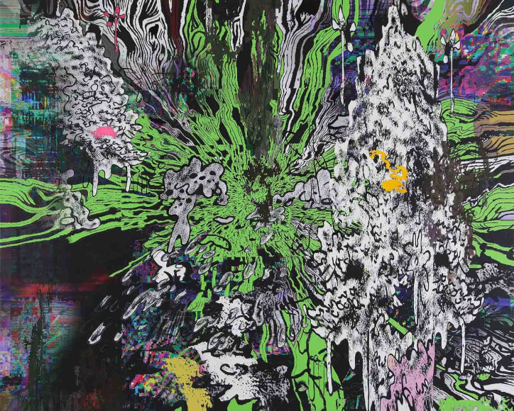 Cody Choi, Hard Mix Master No. 4, 2019. UV Ink, Acrylic, Mesh, Canvas, 227.3 x 181.8 cm., Courtesy of the artist & PKM Gallery.