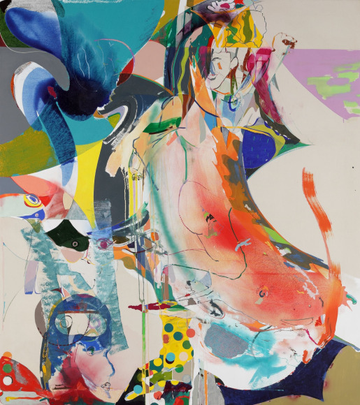 Young Do Jeong, Mud play in my place, 2020. Acrylic, spray paint, charcoal, graphite, and color pencil on canvas, 208 x 185 cm. Courtesy of the artist & PKM Gallery.