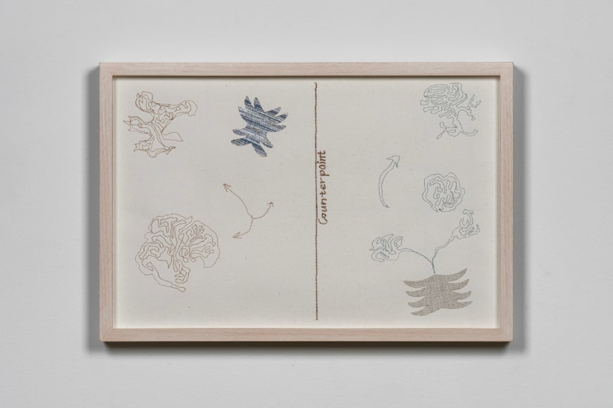 Young In Hong, Drawing for Meta-hierarchical Exercise I, 2022. Cut out wall papers and embroidered images on primed cotton, 29.9 x 45 cm. Courtesy of the artist & PKM Gallery.