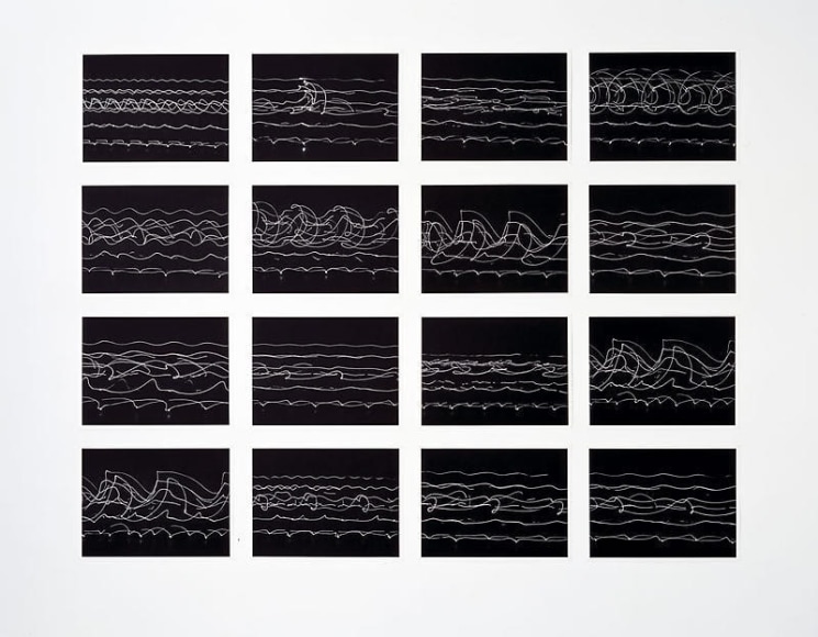 Olafur Eliasson. Pedestrian vibes study (Ed. 18), 2004. 16 black and white photogravure, Each image 35 x 45.8 cm, overall approx. 145 x 18 5cm. Courtesy of the artist & PKM Gallery.