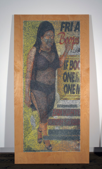 Wilmer Wilson IV A Day 2017-18, staples and pigment print on wood, 96 x 48 x 1.5 inches