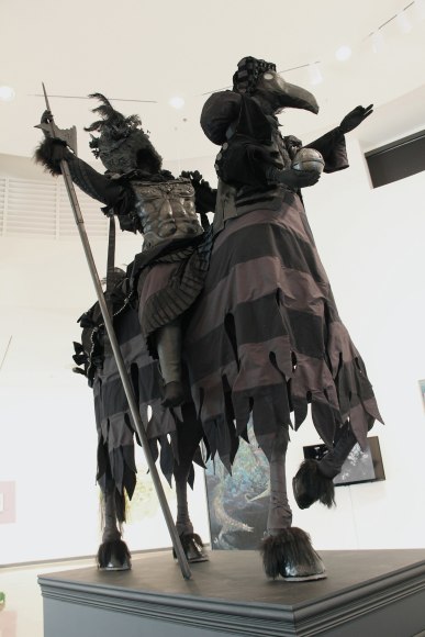 JOSHUA JAMES JOHNSON Interregnum  2014, thread, wire, cloth, wood, metal, leather, and hair, 15 x 3 x 6 feet.