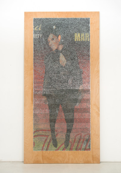 Wilmer Wilson IV MAR 2017, staples and pigment print on wood, 96 x 48 x 1.5 inches