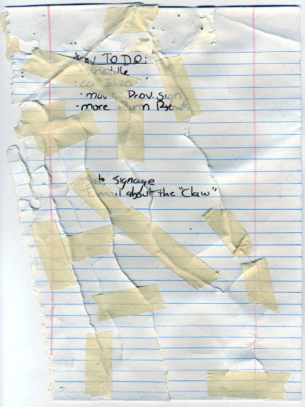 RUSSELL KELBAUGH  Amy-To-Do (Post Installation) 2007, latex, oil paint and ink with tape on paper, 11 x 8.5 inches.