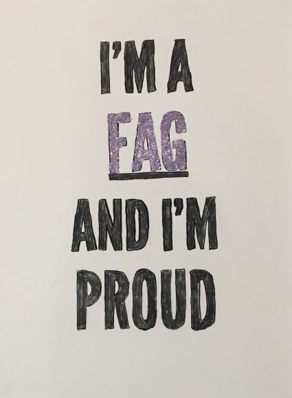 Sheldon Scott l.a.d.c.a.f (purple glitter) 2018, charcoal on Coventry rag, glitter, 30 x 22 inches