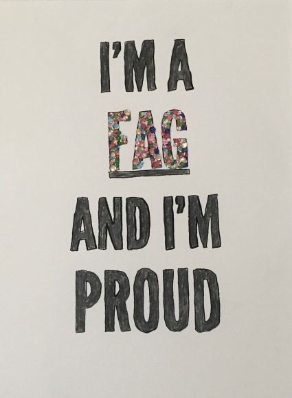 Sheldon Scott l.a.d.c.a.f (big rainbow) 2018, charcoal on Coventry rag, sequins, 30 x 22 inches